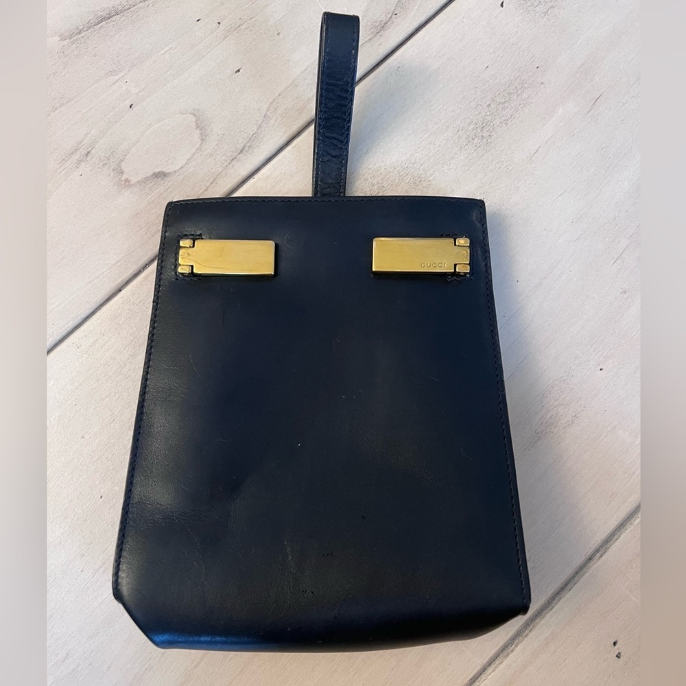 Gucci Black Leather Evening Bag with Gold Hardware and Wrist Strap AUTHENTIC